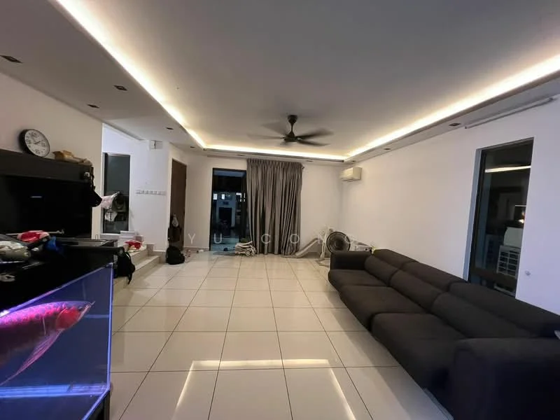 Living features: grey fabric sectional sofa, white painted walls, recessed LED downlights, ceiling fan, large sliding glass door, floor-to-ceiling windows, white glossy tile flooring, curtains, wall-mounted clock, TV console, decorative fish tank; style: modern.
