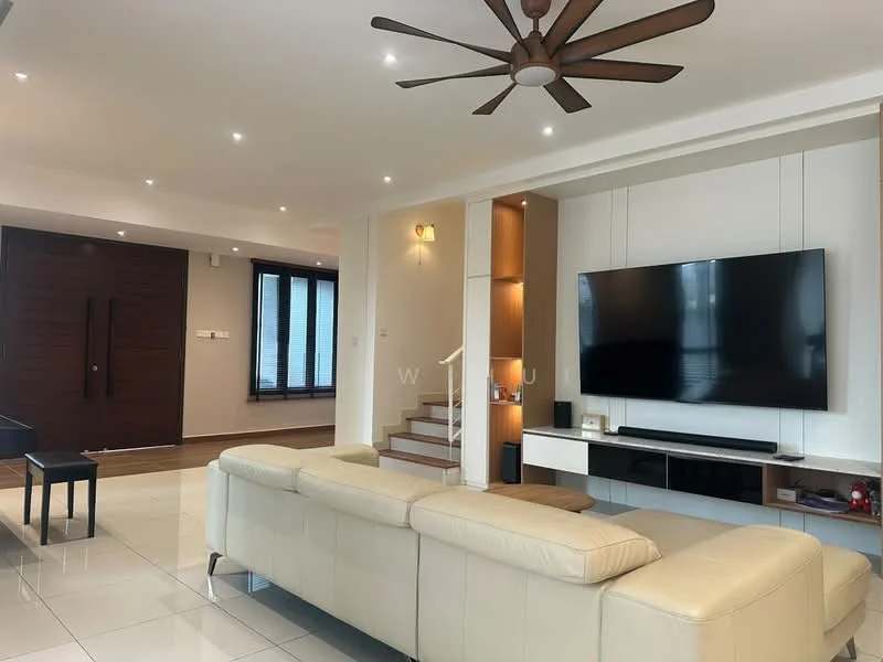 Living features: 3-seater leather sofa in cream, wall-mounted TV, coffee table, ceiling fan with 5 blades, recessed LED downlights, white painted walls, glossy tile flooring, staircase with wooden steps, large windows with sheer curtains, built-in shelving unit with ambient lighting; style: modern.