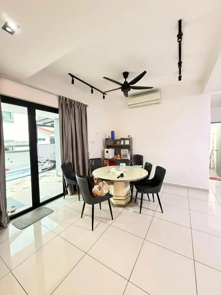 Dining features: round dining table, 4 upholstered dining chairs, 5-blade ceiling fan with light, sliding glass door, floor-to-ceiling windows, curtains, white painted walls, tile flooring, wall-mounted split AC; style: modern; view: garden.