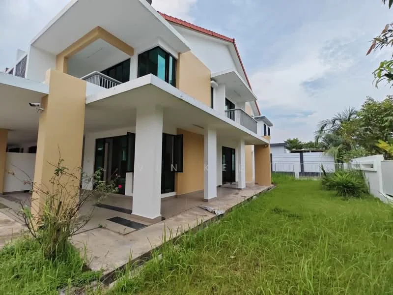 Exterior type: semi-detached house; features: two-storey structure, cream painted facade, red tiled roof, large windows, balconies on upper floor, manicured lawn, surrounding greenery, paved walkway, fenced yard, outdoor space, garden area; style: modern.