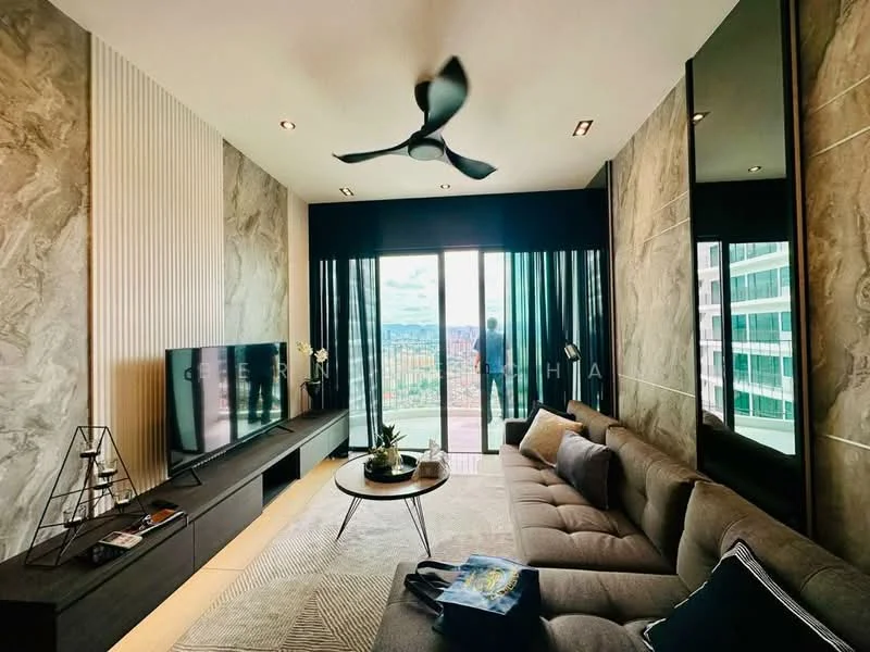 Living features: 3-seater fabric sofa in grey, coffee table, wall-mounted TV, TV console, floor-to-ceiling windows, sliding glass door, blackout curtains, decorative mirror, ceiling fan with light, area rug with geometric pattern, wall paneling with textured finish, light-colored flooring; style: modern; view: city.