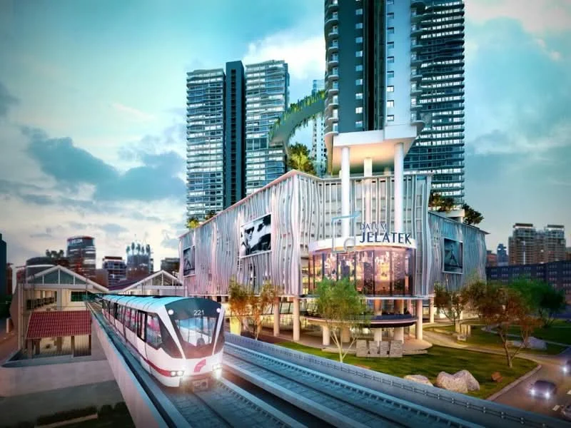 Exterior type: high-rise condominium; features: glass curtain wall, metal cladding, recessed balconies, landscaped garden, train station adjacent to building, modern architectural design, outdoor seating area, surrounding urban skyline, multi-storey structure, feature lighting at night; style: modern.