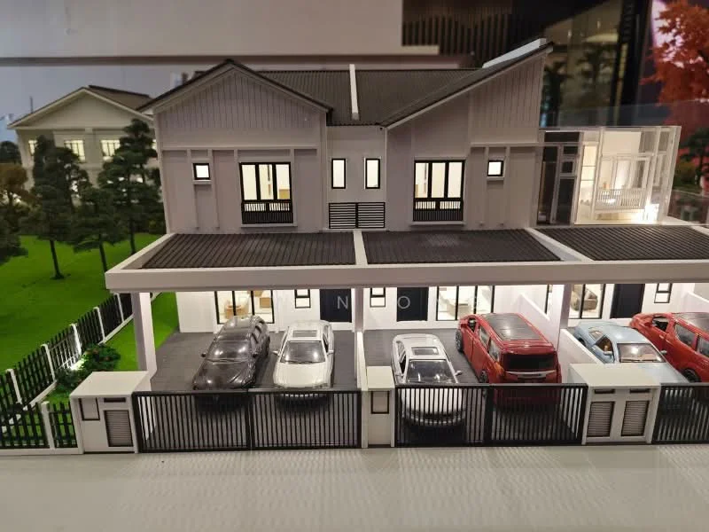 Exterior type: linked terrace house; features: two-storey building, grey painted facade, pitched tile roof, multiple car porch, black metal gate, manicured lawn, surrounding greenery, driveway with interlocking pavers; style: modern.