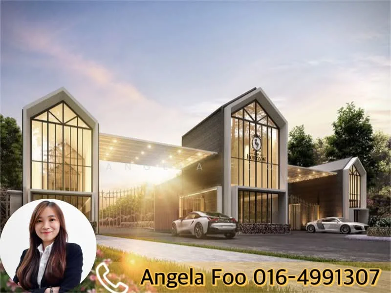 Exterior type: gated community entrance; features: modern architectural design, glass facade, wooden cladding, high ceilings, landscaped entrance, manicured greenery, two carports, illuminated entryway, security gate, paved driveway; style: modern.