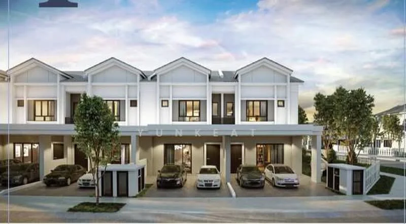 Exterior type: linked terrace house; features: white painted facade, pitched tile roof, double-volume car porch, manicured lawn, mature trees, driveway with interlocking pavers, glass windows, front entrance with decorative features; style: modern.