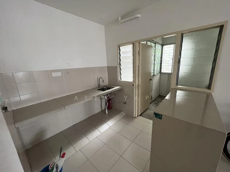 Kitchen features: single-bowl stainless-steel sink, chrome faucet, ceramic tile backsplash, light grey tiled walls, white painted walls, light grey floor tiles, kitchen countertop, window for natural light, door leading to outdoor area, built-in cabinetry; style: minimalist.