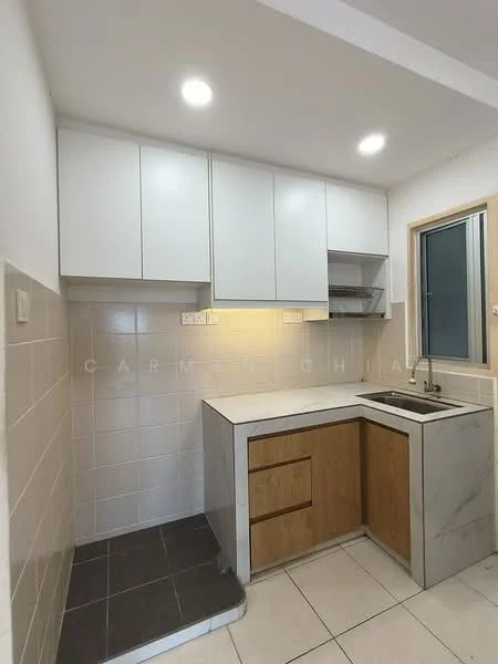 Kitchen features: white shaker cabinets, wood cabinetry, marble countertop, single-bowl stainless-steel sink, chrome pull-down faucet, tile backsplash, grey floor tiles, recessed LED downlights, window with metal frame, open shelving; style: modern.