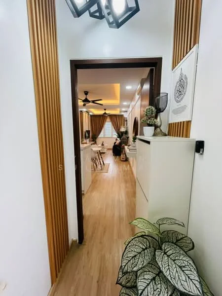 Room features: wooden flooring, white painted walls, wood paneling, ceiling fan, recessed lighting, decorative wall art, indoor plants, open layout, natural light from windows, curtains, dining area visible in background; style: modern.