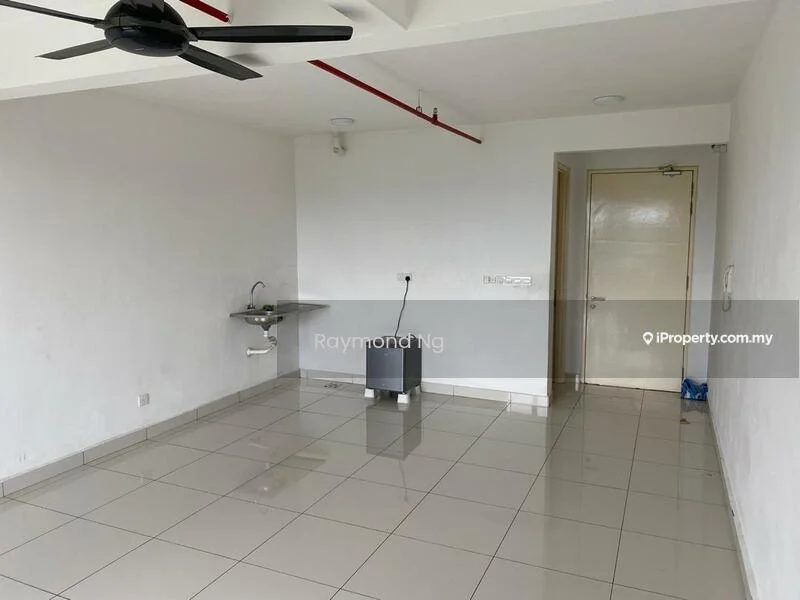 Room features: white painted walls, glossy ceramic tile flooring, ceiling fan, single-bowl stainless-steel sink, countertop, door to hallway, light fixtures, windows, plumbing fixtures; style: modern.