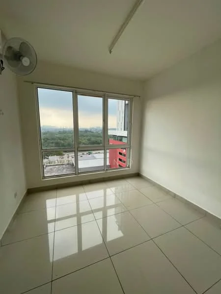 Room features: white painted walls, glossy ceramic tile flooring, floor-to-ceiling windows, city view, ceiling fan; style: modern; view: city.