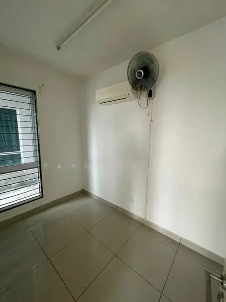 Room features: white painted walls, tile flooring, 1 wall-mounted split AC, ceiling fan, window with security bars, natural light from window.