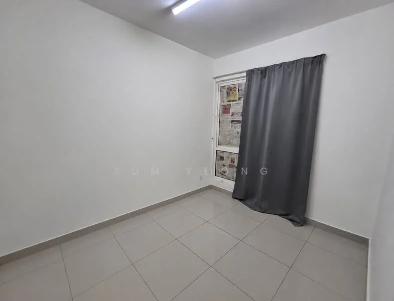Room features: white painted walls, grey curtain, tile flooring, window with newspaper, ceiling light; style: minimalist.