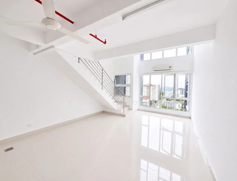 Living features: white painted walls, polished ceramic tile flooring, 5-blade ceiling fan, floor-to-ceiling windows, sliding glass door, stainless-steel railing on staircase, open layout, natural light from windows, city view, air conditioning unit; style: modern; view: city.
