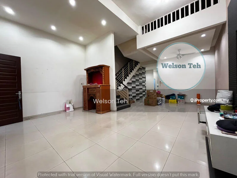Room features: white painted walls, polished ceramic tile flooring, staircase with tiled steps, wooden door, decorative wooden cabinet, ceiling with recessed lighting, open space layout, boxes and items on the floor; style: modern.