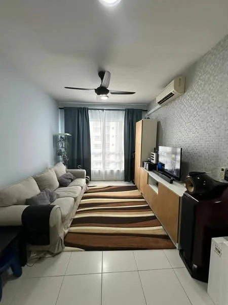 Living features: 3-seater fabric sofa in beige, ceiling fan with light, wall-mounted TV, TV console, area rug with striped pattern, white painted walls, grey accent wall, floor-to-ceiling windows, curtains in dark blue, air conditioning unit, built-in cabinets, decorative wall paneling; style: modern.