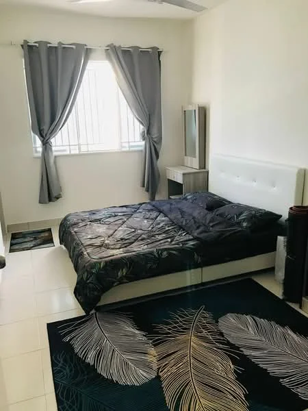 Bedroom features: queen-size bed with upholstered headboard, bedding with floral pattern, floor-to-ceiling window with sheer curtains, grey curtains, white painted walls, tile flooring, area rug with feather pattern, nightstand, mirror on dresser, ceiling fan; style: modern.
