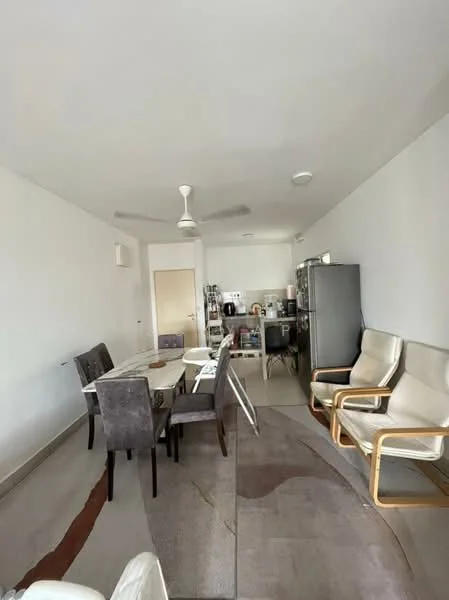 Dining features: dining table with 6 chairs, 2 beige armchairs, ceiling fan, white painted walls, tile flooring, refrigerator, kitchen area visible in background, light-colored area rug; style: modern. Kitchen features: refrigerator, kitchen cabinets, countertop, stainless-steel appliances; style: modern.