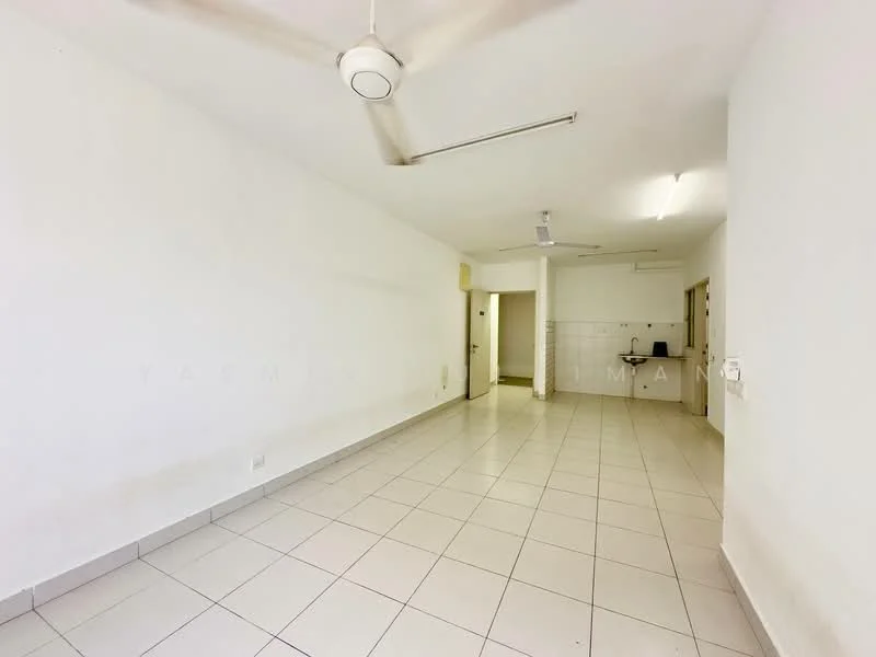 Room features: white painted walls, tile flooring, ceiling fan, fluorescent lighting, open layout, kitchenette area, multiple doorways, windows for natural light; style: minimalist.