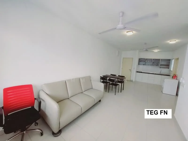 Living features: light grey fabric sofa, red office chair, 4-seater dining table, white walls, white ceiling, recessed downlights, ceiling fan, tile flooring, open layout, kitchen area visible in background; style: modern.