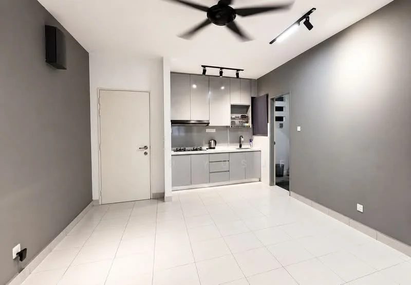 Living features: grey painted walls, white tiled flooring, 5-blade ceiling fan, recessed LED downlights, kitchenette with grey cabinetry, stainless-steel gas hob, built-in oven, kitchen sink, countertop with backsplash, door leading to another room; style: modern.