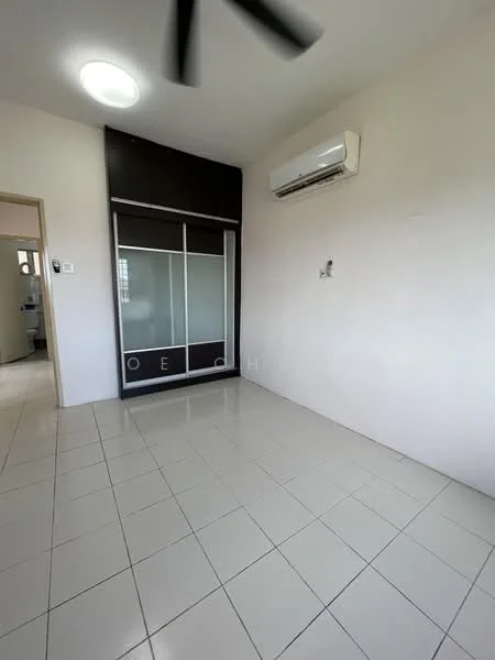 Room features: white painted walls, glossy white tile flooring, 1 wall-mounted split AC, ceiling light fixture, built-in wardrobe with sliding doors, neutral color scheme; style: modern.