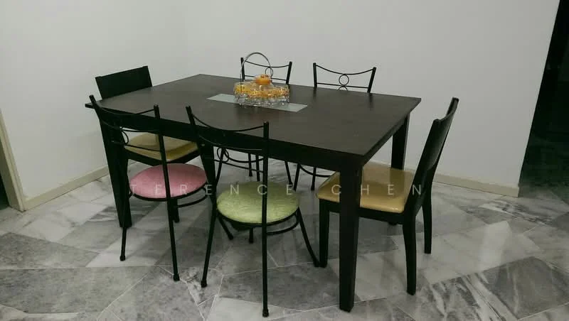 Dining features: rectangular wooden dining table, black dining chairs, cushioned seats in green and beige, centerpiece bowl with fruit, marble flooring, white painted walls, decorative glass tray on table; style: modern.