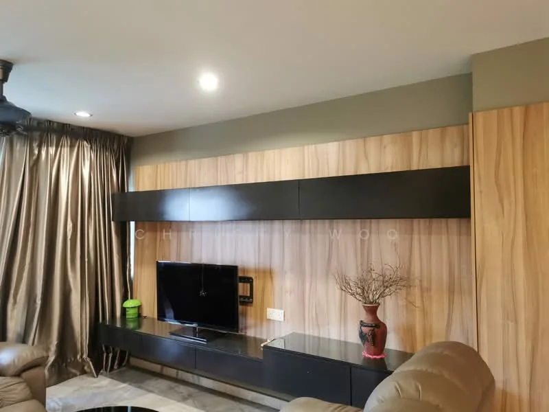 Living features: brown leather sofa, black TV console, wall-mounted TV, wood panel feature wall, black cabinetry, green accent wall, curtains in beige, decorative vase, potted plant, recessed lighting, ceiling fan; style: modern.