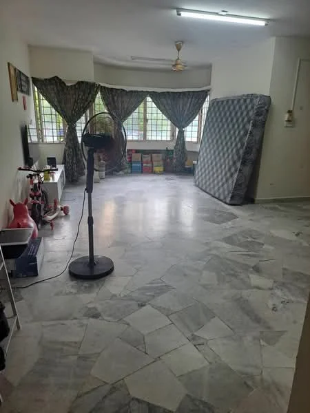 Room features: marble flooring, ceiling fan, large windows, curtains, wall-mounted TV, standing fan, decorative wall, mattress leaning against wall, open space, light fixtures, storage unit, toys, bicycle.