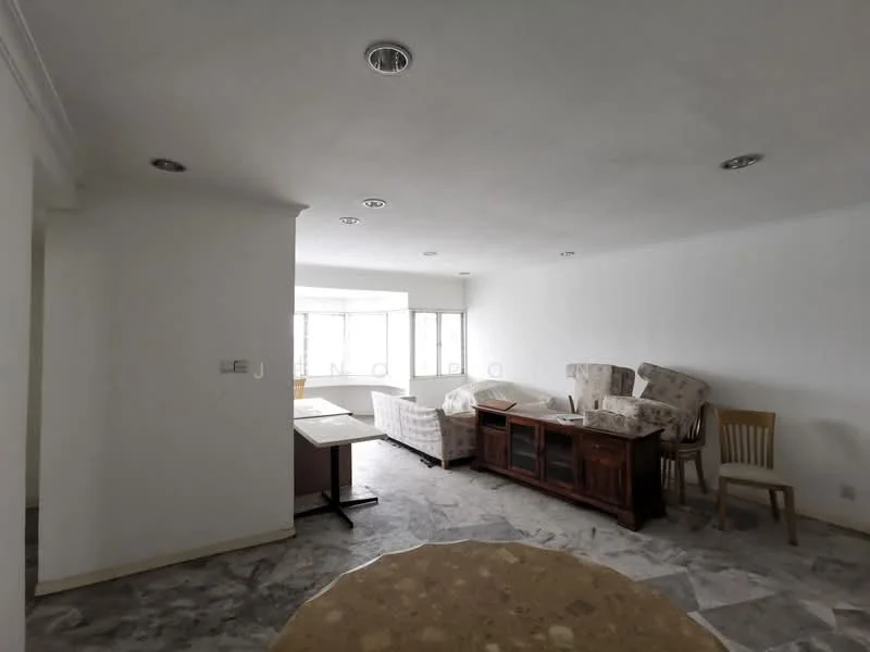 Room features: white painted walls, marble flooring, recessed downlights, large windows, wooden furniture, upholstered chairs, wooden cabinet, dining table.