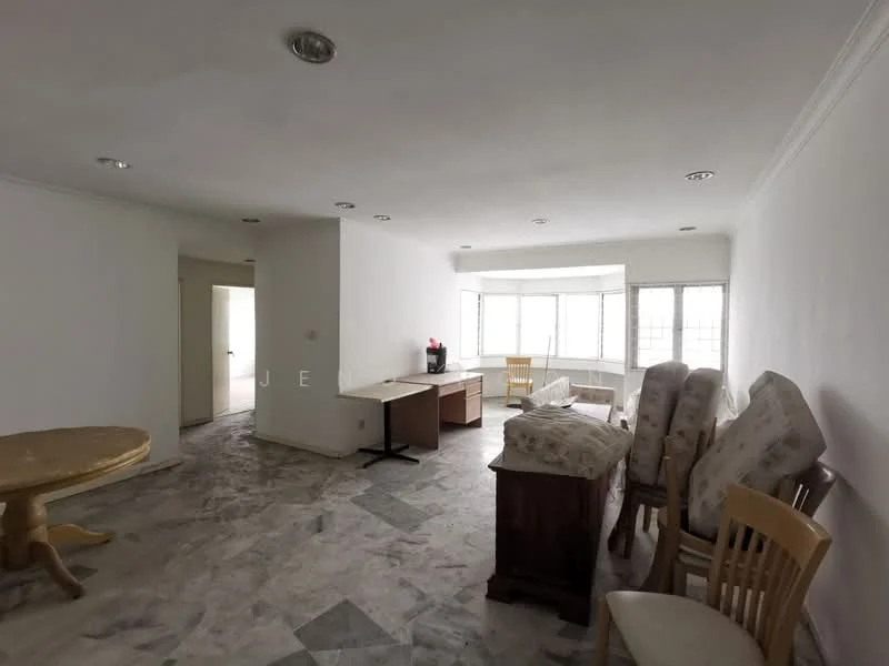 Room features: white painted walls, marble flooring, large bay windows, wooden dining table, upholstered dining chairs, wooden cabinet, coffee machine, multiple chairs stacked, recessed ceiling lights; style: modern.