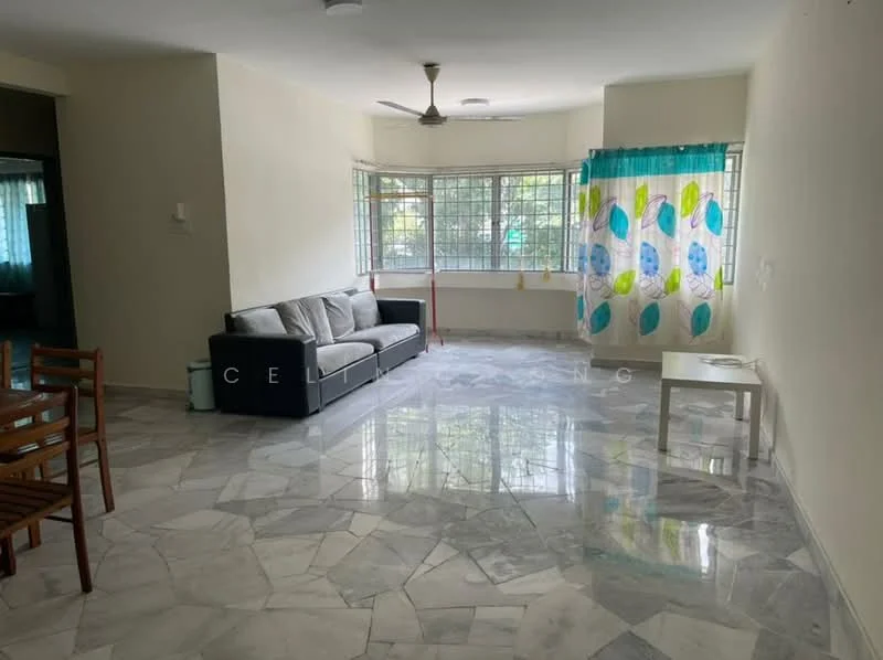 Living features: grey fabric sofa, marble flooring, ceiling fan, large windows, sheer curtains with blue and green polka dots, white coffee table, wooden dining chairs, open layout; style: modern; view: garden.