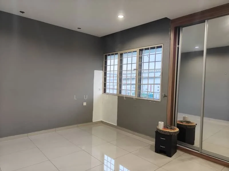 Room features: grey painted walls, white painted wall section, glossy tile flooring, large window with grid pattern, sliding mirror wardrobe, recessed ceiling lights, small black nightstand, decorative plant on nightstand; style: modern.