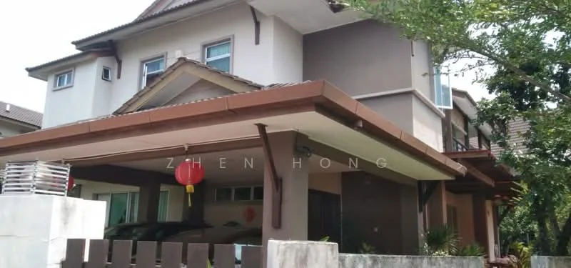 Exterior type: detached bungalow; features: two-storey building, pitched tile roof, cream painted facade, brown wooden accents, covered car porch, manicured landscaping, visible driveway, decorative lantern, windows with shutters, balcony on upper floor; style: modern.