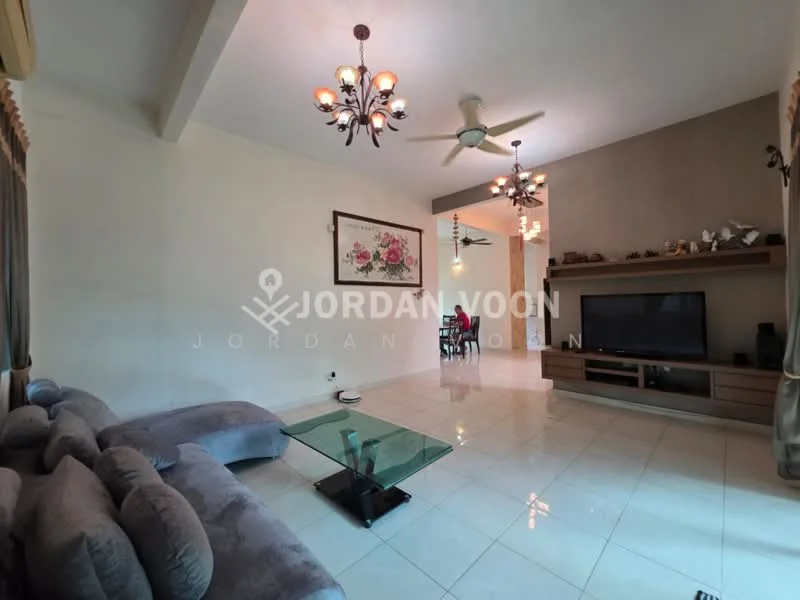 Living features: 3-seater fabric sofa in grey, glass coffee table, wall-mounted TV, entertainment unit, recessed downlights, 2 ceiling fans, decorative wall art, cream painted walls, glossy tile flooring, curtains, decorative shelf with items; style: modern.