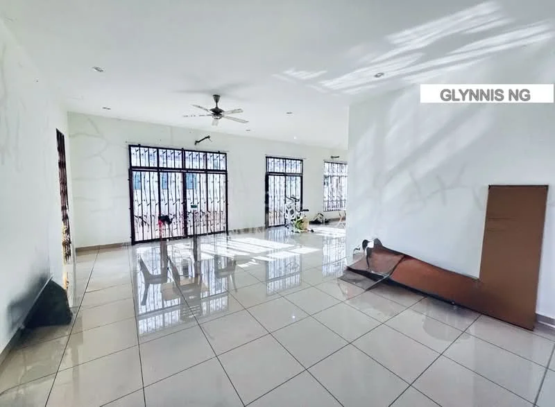 Room features: white painted walls, glossy ceramic tile flooring, 5-blade ceiling fan, large windows with security bars, natural light from multiple windows, open layout, decorative wall with light shadows, minimalist decor, unfurnished space, corner with stacked materials; style: modern.