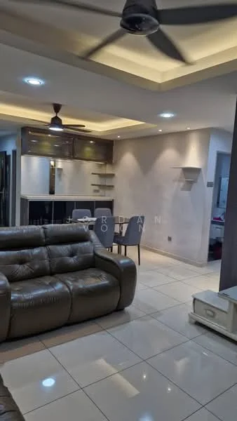 Living features: 3-seater leather sofa in brown, ceiling fan with light, recessed downlights, cream painted walls, tile flooring, open shelving, wall-mounted shelves, decorative wall panel, dining area with 2 chairs, kitchenette visible in background; style: modern.