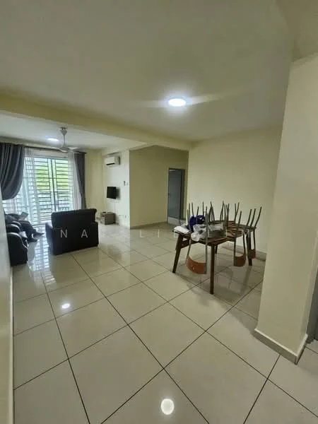 Living features: large floor-to-ceiling windows, grey curtains, 3-seater fabric sofa in dark grey, 2-seater fabric sofa in light grey, ceiling fan with light, recessed LED downlights, polished ceramic tile flooring, wall-mounted air conditioning unit; style: modern; view: garden. Dining features: wooden dining table with 6 chairs, decorative centerpiece on table, tile flooring, wall-mounted TV, neutral painted walls; style: modern.