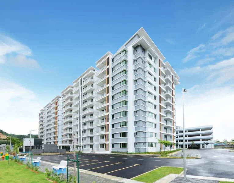 Exterior type: mid-rise condominium; features: white painted facade, glass windows, balconies with glass railings, landscaped garden, manicured lawn, parking lot, surrounding greenery, multiple storeys, modern architectural design; style: modern.