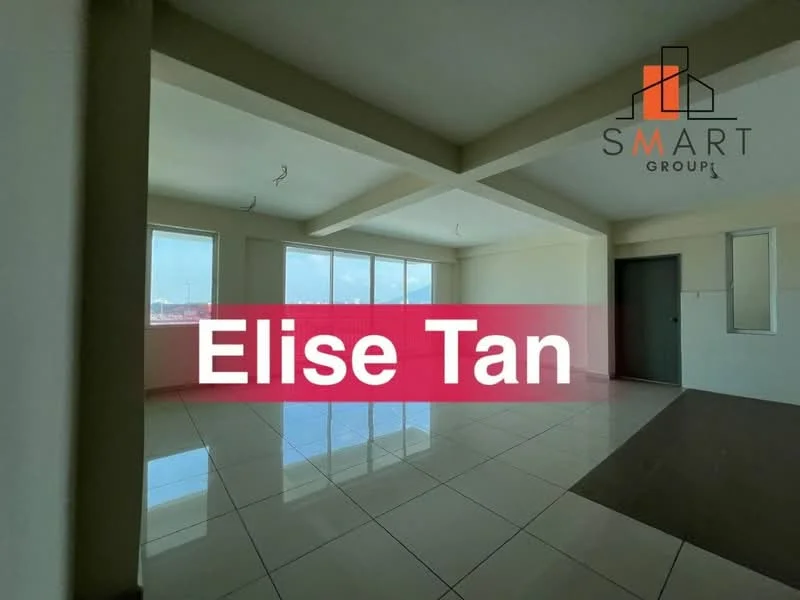 Room features: white painted walls, flat ceiling, large windows, glossy tile flooring, natural light from windows, open layout, neutral color scheme; style: modern; view: city.
