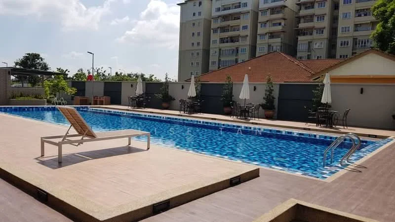 Exterior type: mid-rise condominium; features: infinity pool, pool deck with loungers, surrounding landscaping with greenery, outdoor dining area with tables and chairs, umbrellas for shade, fenced perimeter, adjacent building with multiple floors, paved walkway around pool; style: modern.