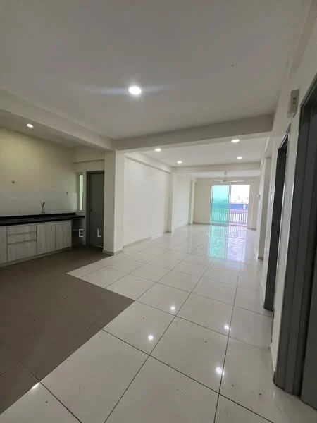 Kitchen features: white cabinets, black countertop, single-bowl stainless-steel sink, chrome pull-down faucet, ceramic tile flooring, recessed downlights; style: modern. Living features: large open space, ceramic tile flooring, white painted walls, recessed downlights, sliding glass door, natural light from windows; style: modern.