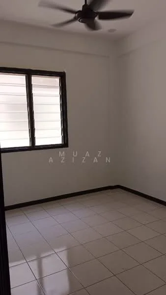 Room features: white painted walls, tile flooring, ceiling fan, window with black frame, natural light from window.