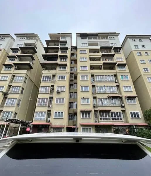 Exterior type: mid-rise condominium; features: cream painted facade, balconies with sliding glass doors, multiple air conditioning units visible, approximately 6-storey building, windowed facade, overhangs above balconies, entrance canopy, parking area visible in foreground; style: modern.