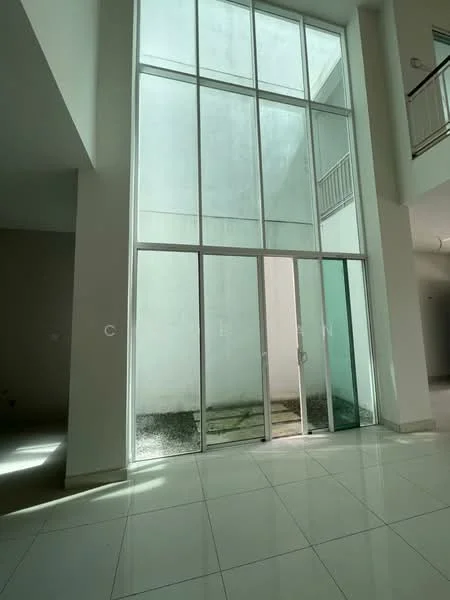 Room features: floor-to-ceiling windows, sliding glass door, white walls, polished tile flooring, natural light from large windows, minimalist design, view of outdoor space, high ceiling; style: modern; view: garden.