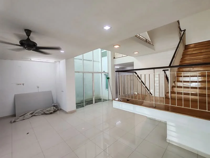 Living features: white painted walls, tile flooring, 5-blade ceiling fan, recessed LED downlights, staircase with wooden steps, glass wall, open layout, natural light from windows; style: modern. Room features: unfinished wall, exposed concrete wall, floor-to-ceiling glass door, access to outdoor space.
