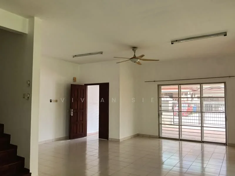 Living features: white painted walls, ceramic tile flooring, 5-blade ceiling fan, sliding glass door, floor-to-ceiling windows, natural light from windows, door leading to outdoor area, no visible furniture.