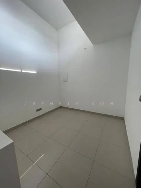 Room features: white painted walls, sloped ceiling, tile flooring, single light fixture, no visible windows, minimalist design; style: modern.