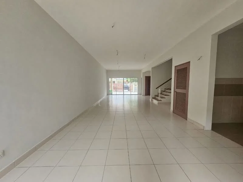 Room features: white painted walls, tile flooring, recessed downlights, large sliding glass door, staircase with wooden handrail, open layout, natural light from large windows, neutral color scheme; style: modern; view: garden.