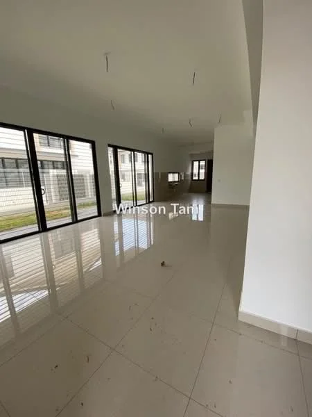 Room features: large floor-to-ceiling windows, white painted walls, polished ceramic tile flooring, recessed downlights, open layout, natural light, view of outdoor space, neutral color scheme; style: modern; view: garden.
