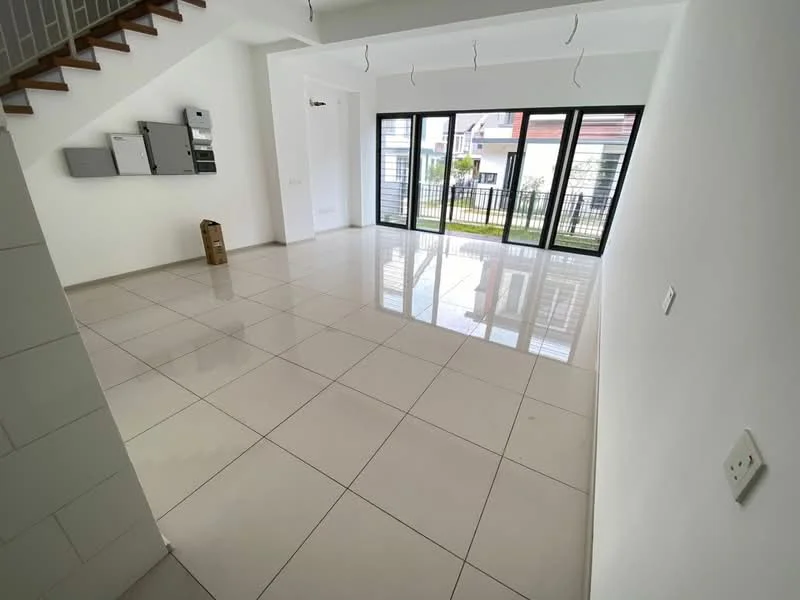 Living features: white painted walls, glossy ceramic tile flooring, large floor-to-ceiling windows, sliding glass door, open layout, staircase with wooden steps, ceiling lights, no visible furniture; style: modern; view: garden.